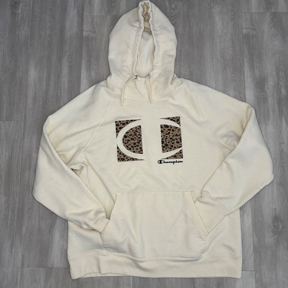 Champion Womens XL Cream Leopard Print Logo Hoodie Pullover Sweatshirt